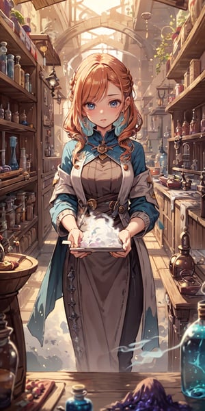 (masterpiece,best quality:1.2),Extremely detailed really cute young ginger woman potion mistress, magic, lots of colorful potions, glowy smoke, tetradic colors, bubly, detailed alchemist room, jrpg, cartoonish vector, volumetric lights, very detailed potions and alchemy laboratory scenery, colorful, dynamic, visually rich, whimsical, fairy tale,