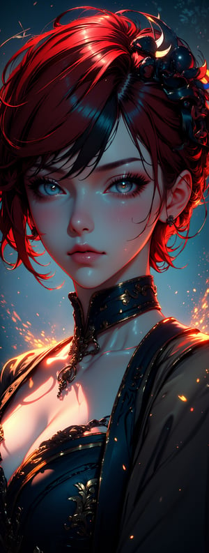 A beautiful girl with red, black and multicolored short hair, detailed facial features, intricate hairstyle, colorful and vibrant, photorealistic, 8k, high quality, cinematic lighting, detailed background, fantasy art, digital painting