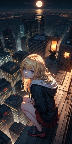 Girl on squats, on the roof of a skyscraper in a night city, moon in the sky, neon light, long blond hair, light eyes, skirt, hoodie,