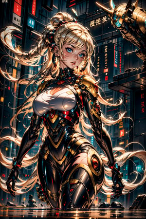 biomechanical, ((masterpiece, best quality, highres:1.2)) centered, close up, 1girl, young, blonde hair, multicolored hair, colorful hair, flowing hair, long hair, glossy lips, glowing multicolored eyes, looking at the camera, dual tone light source, colorful set, back light, body up, make up, glow sparkle, skirt, rainbow dress, plump lips, dinamic pose, dinamic angle, big reflective eyes, strong wind, thin waist, beautiful figure, armored legs,
