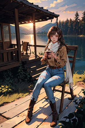 (1girl, cute, sexy, brown long hair), ultra detailed and intricate clothing, (jeans, a large white scarf), (detailed, perfect, beautiful, masterpiece, high quality, high resolution, extremely detailed, sharpness, intricate, high quality_textures, high resolution_textures, absurdres, sharp details, award_winning, moody lighting, detailed shadows, realistic, photorealistic environment, (hut by the lake in the forest, sunset, reflections, she is sitting in a rocking chair, holding a cup of coffee in her hands), soft light, boots,Delfino_Plaza