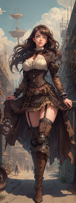 (best quality, masterpiece:1.2), ultra high res, realistic, front lighting, intricate detail, Exquisite details and textures, cute girl, alone, solo, long dark hair, light bangs, strong wind, heterochromia, short puffy skirt, tutu skirt, corset, waist belts, hip belts, high heeled boots, (steampunk world, elaborate background, steampunk city, airships in the sky, various complex mechanisms, gears, lenses), (binocular), soft light, clear sunny day,