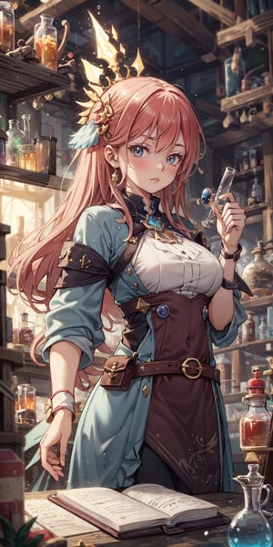 (masterpiece, best quality: 1.2), solo, Extremely detailed really cute young redhead woman, potions mistress, magic, lots of colorful potions, glowing smoke, notebook colors, bubbles, detailed alchemist's room, jrpg, cartoon vector, 3D lights, highly detailed potions and Decorations for an alchemical laboratory, colorful, dynamic, visually rich, whimsical, fabulous, magic pouch on the belt, magic book, glow, magic particles,