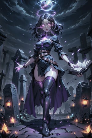 cute girls, necromancer, dark witch, high_res, best quality, extremely detailed, HD, 8k, 1girl, (glowing eyes:1.4), long brunette, black hair, power pose, (dark purple tones:1.3), beautiful figure, thin waist, wide hips, scarlet lips, sparcles, particles, long skirt, glowing trails, liquid dark, dinamic angle, cloack, monk dress, cemetery, complex_background, (belts, floating books, liquid dark energy, shadows), fullmoon, dark magic, stockings, gloomy environment, dark spirits, glossy skin,