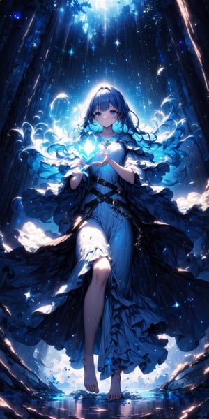 (highest quality, Very detailed, Latest, Vibrant, Ultra-high resolution, High Contrast, masterpiece, highest quality, Best aesthetics),
A sweet sorceress girl, in a wizard’s robe, with magic elixirs on her belt, in a dense forest, long blue hair, with her arms outstretched and holding a magical fire, next to a book of spells, dynamic angle, magic particles, dust particles, glow, reflection, glitter, glare, distortion, decomposition, decay, fluorescent, flare, (floating up drops),barefoot,skp style