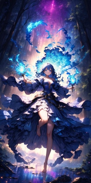 (highest quality, Very detailed, Latest, Vibrant, Ultra-high resolution, High Contrast, masterpiece, highest quality, Best aesthetics),
A sweet sorceress girl, in a wizard’s robe, with magic elixirs on her belt, in a dense forest, long blue hair, with her arms outstretched and holding a magical fire, next to a book of spells, dynamic angle, magic particles, dust particles, glow, reflection, glitter, glare, distortion, decomposition, decay, fluorescent, flare, (floating up drops),barefoot,skp style