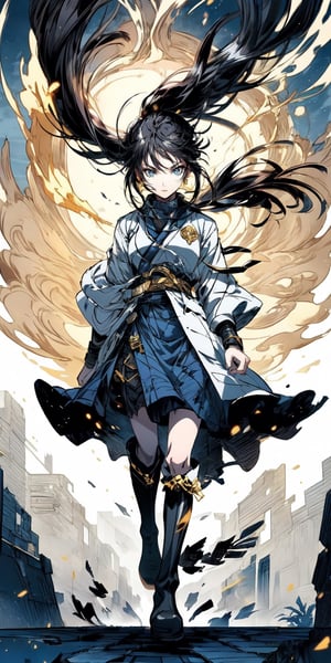 Girl knight, standing alone in the square, long hair, dark hair, brown eyes, armor, skirt, long boots, blue clothes with gold patterns, strong wind blowing, excellent quality, masterpiece, black and white tones, knight,anime,anime black line,Anime ,warrior,midjourney,portrait