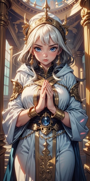 A sweet girl, alone in the temple, servant of the goddess, wearing a long white robe, (long golden hair:1.2), blue eyes, (wearing a hood), (best quality, 4k, 8k, highres, masterpiece), ultra-detailed, intricate details, chiaroscuro lighting, dramatic shadows, cinematic composition, ethereal atmosphere, sacred, serene, divine, Long white robe with complex gold patterns, ultra detailed background, bright light, shine, reflections, glare, aura of holiness, tender look, innocence,