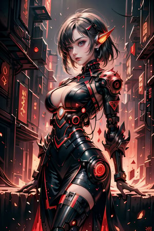 Girl, elf, cyber mage cast spell, gem, vibrant colors, (((cyberpunk style))), bob hair, night, soft lighting, Detailedface, Highres, best quality, extremely detailed, area lighting in background, HD, 8k, extremely intricate:1.3), realistic, GlowingRunes_red, (((powerfull magic, magic particles))), 1girl, beautiful figure, thin waist, wide hips, big breasts, sci fi clothes,