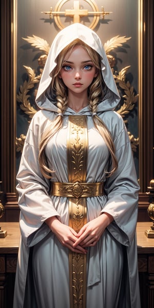 A sweet girl, alone in the temple, servant of the goddess, wearing a long white robe, (long golden hair:1.2), blue eyes, (wearing a hood), (best quality, 4k, 8k, highres, masterpiece), ultra-detailed, intricate details, chiaroscuro lighting, dramatic shadows, cinematic composition, ethereal atmosphere, sacred, serene, divine, Long white robe with complex gold patterns, ultra detailed background, bright light, shine, reflections, glare, aura of holiness, tender look, innocence,breakdomain,YeiyeiArt