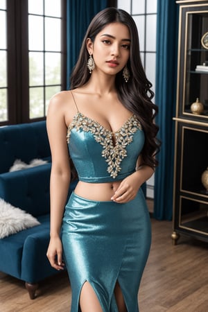 photorealistic, masterpiece, best quality, raw photo, 1girl, solo, indian, 24 years old, long hair, brown hair, medium breasts, cleavage, blue colour transparent jewel skirt dress, jewellary, seductive_pose, detailed skin, pore, sefie, indoor, living room, detailed background, finely detailed, intricate detail, highres, hdr, looking at viewer, fullbody view