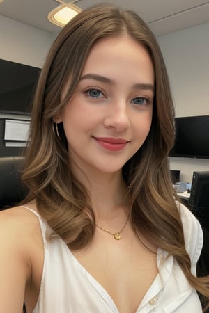 photorealistic:1.37, photorealistic, masterpiece, high quality, best quality, absurdres, uhd,  realism, Ultra realistic, 16k, photo-realistic, realistic, dslr, solo
20 year old waif-like model,
thin face,
finely detailed skin,
full lips,
blue-eyes-iris, delicate eyes, double eyelids,
perfect hands, a beaming girl with a genuin smile, spreading joy and positivity wherever she go,
perfect proportions,
long blonde curly hair pulled up wearing business attire at a corporate office,
open shirt showing her big breasts, jewelery, earrings, red lipstick,
sexy skirt, a bit of delicate freckle
