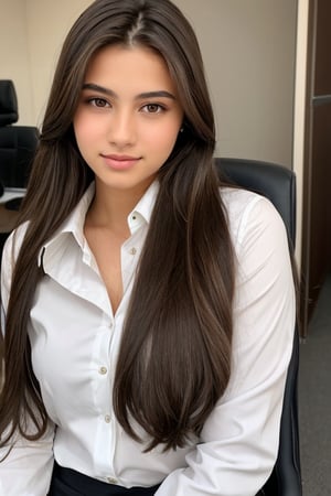 18 year old waif-like model, brown eyes, full lips, thin face, long brown hair pulled up wearing business attire at a corporate office