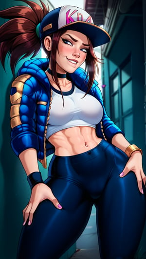 score_9, score_8_up, score_7_up, shadman, kda_akali_neon, blushing, standing, long hair, biting lip, hand on thigh, smooth body, "KDA" hat,