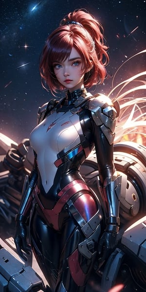 a girl, red hair, very short hair, ponytail, dark blue eyes, torn thunder yellow jacket, torn tight suit, destroyed armor, Space helm of the 1960s,and the anime series G Force of the 1980s,Darf Punk wlop glossy skin, ultrarealistic sweet girl, space helm 60s, holographic, holographic texture, the style of wlop, stellar explosions