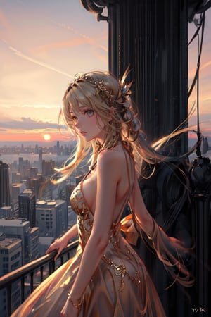A divine girl in light golden dress looking at the sunset ,beautiful,4k hd,masterpiece,Wlop,very long blonde hair, sunset, detailed backgrouynd,detailed anatomy,detailed face,detailed factions