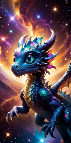 Floating Amongst the Stars A baby dragon with iridescent, cosmic-patterned scales drifts gracefully in the vacuum of space. Its eyes sparkle with stardust, and its tiny claws reach out toward a nearby planet's ring system, bathed in the light of a distant sun.