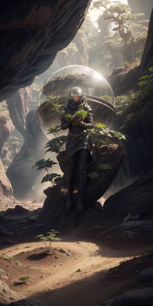 Sunlight streams through the dome of a newly created world, illuminating the determined face of a terraformer. Her boots sink into the fertile soil, her calloused hands nurturing the first shoots of alien plant life. The air is thick with the scent of possibility, a testament to her unwavering dedication to bringing life to a barren landscape.
 
,perfect light