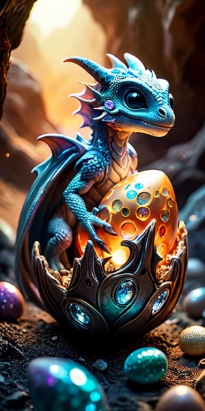 Hatchling in an Alien Nest On a barren moon's surface, a baby dragon emerges from an egg nestled in an alien nest made of glowing crystals and extraterrestrial flora. The dragon's scales reflect the light of the nearby gas giant, creating a mesmerizing display.