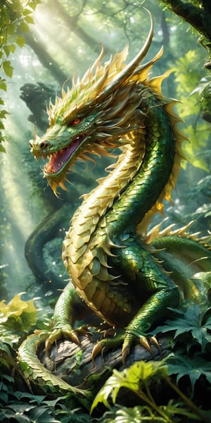 Imagine a hatchling forest dragon basking in the dappled sunlight filtering through a canopy of leaves. Render the scene in a photorealistic style, capturing every detail – the iridescent sheen of the dragon's scales that reflect the vibrant greens and browns of the forest, the delicate vines spiraling around its horns, and wisps of smoke curling from its nostrils as it exhales. Let the dragon be curled protectively around a vibrant flower bud, symbolizing its connection to the nurturing power of nature.
 
,Dragon