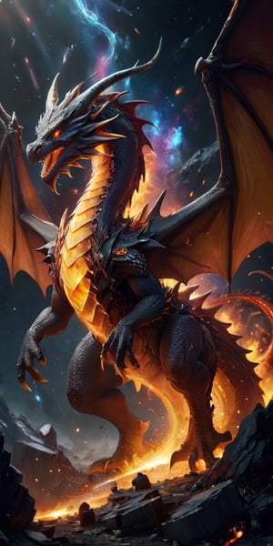  A majestic dragon with a body covered in scales that look like fragments of ancient, shattered planets, giving it a rugged, primordial appearance. Its wings are vast and segmented, each segment glowing with a soft, pulsing light. The dragon glides effortlessly through a field of cosmic debris, with the remains of destroyed worlds floating around it. In the distance, the light of a red giant star casts a warm, eerie glow over the scene, highlighting the dragon's ancient and powerful presence.
