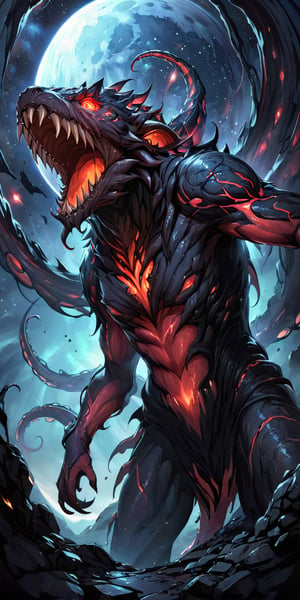 Gargantuan Alien Beast A terrifying alien monster with multiple tentacles, sharp teeth, and glowing red eyes, emerging from the dark abyss of space. The backdrop is a barren, desolate planet with distant stars shining coldly.
