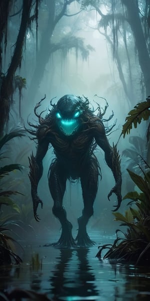 A monstrous, amphibious creature with bioluminescent markings emerges from a fog-shrouded swamp. Its webbed fingers leave glowing trails on the damp vegetation, and its croaking calls echo through the dense foliage, both a warning and a lure.
