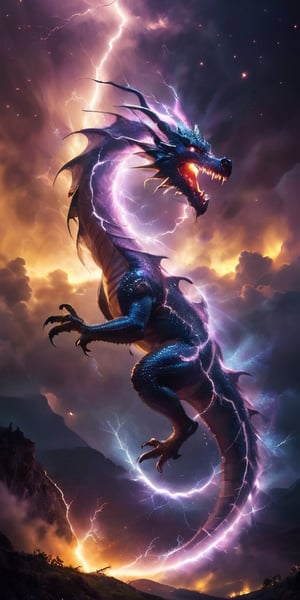 A dragon of pure energy, its body crackling with lightning-like tendrils of light that arc and twist around its sleek form. It flies through a field of shimmering auroras, its presence seemingly causing the lights to intensify, creating a stunning display of color and motion in the night sky.
