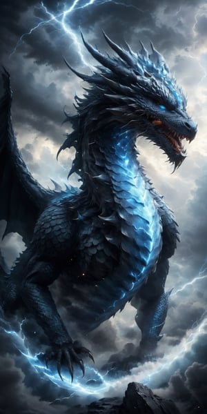 Create a close-up image of a baby storm dragon emerging from a swirling vortex of clouds. Capture the raw power of the scene with dark, stormy clouds swirling around the dragon's silhouette. Depict the dragon's eyes glowing with electric blue energy, and let streaks of lightning illuminate its sleek, charcoal gray scales.
