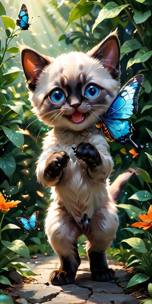  mischievous Siamese kitten, its bright blue eyes sparkling with amusement, stalks a butterfly with playful intent. The butterfly, a burst of orange and black against the green leaves, flits from flower to flower, just out of reach of the kitten's pouncing paws. The scene is filled with the energy of the chase, a delightful dance between predator and prey.
 
