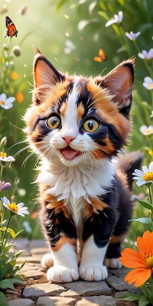 A playful scene of a calico kitten, its fur a patchwork of black, white, and orange, batting at a butterfly with its tiny paws. The butterfly, seemingly unfazed, flits around the kitten, leading it on a merry chase through a bed of blooming wildflowers. The image is a heartwarming portrayal of youthful curiosity and the joy of exploration.
