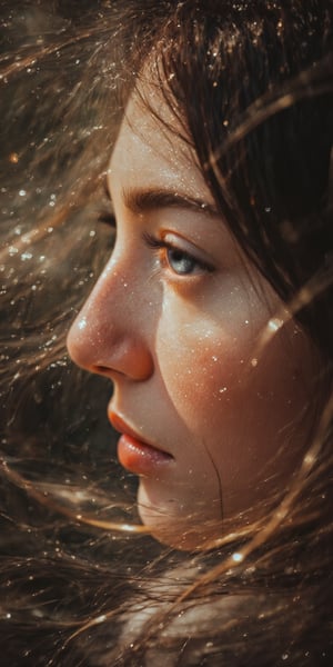 Close-up of a woman with effortless beauty, her hair flowing freely, no visible makeup, with her face lightly kissed by sunlight, creating a soft, ethereal glow, and a muted, blurred nature background.
