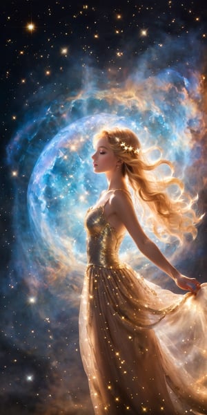 Luminous Traveler A radiant woman with golden hair that seems to glow, dressed in a semi-transparent, flowing gown adorned with tiny, sparkling lights. She floats gently in the vastness of space, surrounded by twinkling stars and a distant spiral galaxy.
