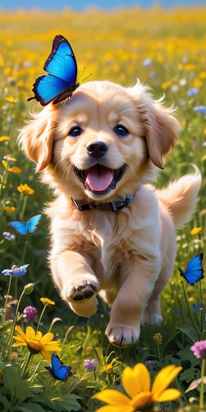 A fluffy golden retriever puppy, no bigger than a teacup, playfully chases a vibrant blue morpho butterfly through a field of wildflowers. The puppy's tongue lolls out in excitement, and its short legs pump as it bounces through the colorful meadow.
 
