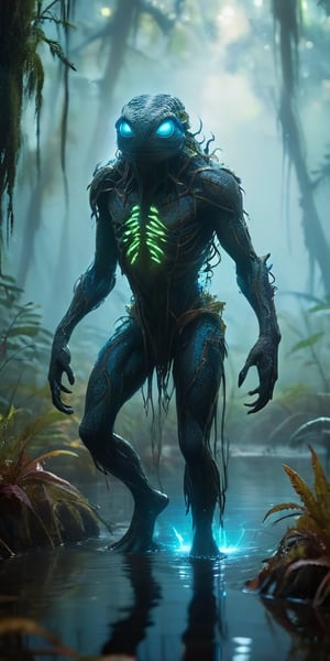 A monstrous, amphibious creature with bioluminescent markings emerges from a fog-shrouded swamp. Its webbed fingers leave glowing trails on the damp vegetation, and its croaking calls echo through the dense foliage, both a warning and a lure.
