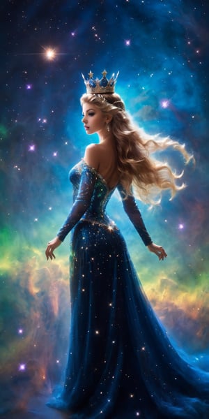 Star Empress A stunning woman with regal features and a crown of shimmering stars, wearing an elaborate, celestial-themed gown. She stands on a majestic space station's balcony, overlooking a planet with a beautiful aurora shimmering in its atmosphere.
