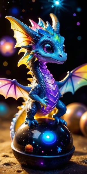 Galactic Playmate A baby dragon plays with a floating holographic projection of the solar system, swatting at the miniature planets and stars. The holographic lights cast a soft glow on its scales, making it look like a creature born of the stars themselves.