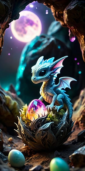 Hatchling in an Alien Nest On a barren moon's surface, a baby dragon emerges from an egg nestled in an alien nest made of glowing crystals and extraterrestrial flora. The dragon's scales reflect the light of the nearby gas giant, creating a mesmerizing display.