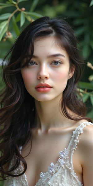 Portrait of a woman with delicate beauty, softly defined features, her long hair parted to the side, no makeup, and her expression calm and relaxed, the background a blur of green foliage.


