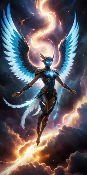  A pack of winged humanoids with shimmering feathers and razor-sharp talons soar through a celestial storm. Their forms crackle with electrical energy, and their eyes glow with an otherworldly power as they navigate the swirling clouds of gas and plasma.
