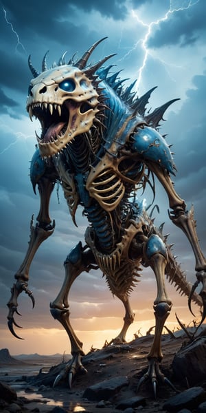 Bone Reaver A skeletal monstrosity with the body of a crustacean and the head of a saber-toothed cat. Its exoskeleton is covered in spiked protrusions, and its mandibles drip with a corrosive acid. Its eyes glow a haunting blue. The backdrop is a desolate wasteland under a sky filled with storm clouds and lightning.
