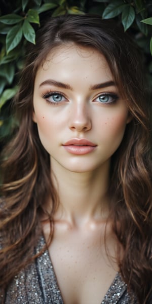 Portrait of a woman with delicate beauty, softly defined features, her long hair parted to the side, no makeup, and her expression calm and relaxed, the background a blur of green foliage.


