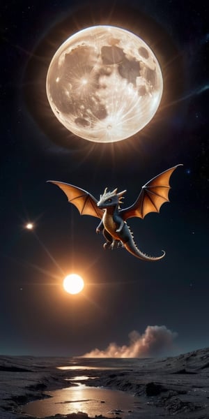 First Flight A baby dragon takes its first flight over a moon’s surface, with a magnificent gas giant dominating the sky. Its wings spread wide, catching the light from the planet’s rings, creating a majestic, awe-inspiring sight.