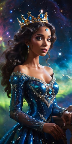 Star Empress A stunning woman with regal features and a crown of shimmering stars, wearing an elaborate, celestial-themed gown. She stands on a majestic space station's balcony, overlooking a planet with a beautiful aurora shimmering in its atmosphere.
