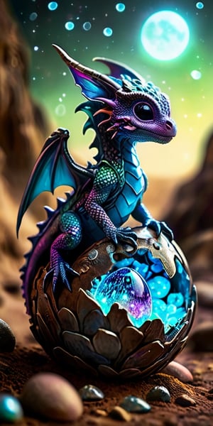 Hatchling in an Alien Nest On a barren moon's surface, a baby dragon emerges from an egg nestled in an alien nest made of glowing crystals and extraterrestrial flora. The dragon's scales reflect the light of the nearby gas giant, creating a mesmerizing display.