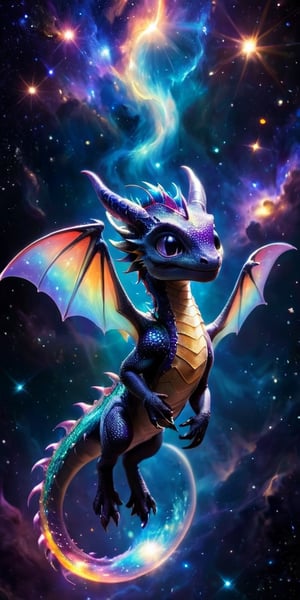 Floating Amongst the Stars A baby dragon with iridescent, cosmic-patterned scales drifts gracefully in the vacuum of space. Its eyes sparkle with stardust, and its tiny claws reach out toward a nearby planet's ring system, bathed in the light of a distant sun.