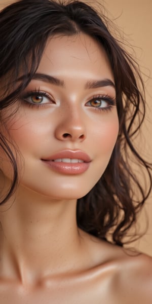 Close-up shot of a woman with simple beauty, wearing a soft smile, her natural skin tones glowing in the light, loose strands of hair framing her face, and a clean, minimalist background in soft beige.


