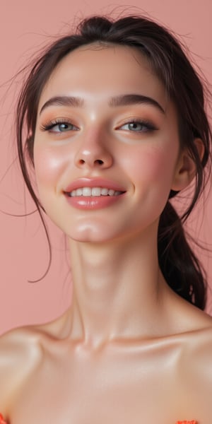 Simple and beautiful portrait of a woman with clear, glowing skin, soft lighting accentuating her features, natural makeup, and a faint smile, set against a plain pastel backdrop.
