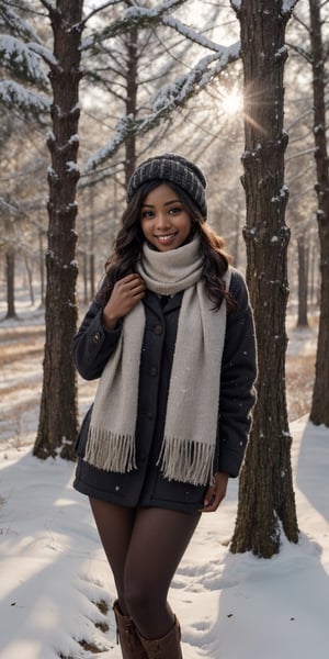Frosted Wonderland A Black woman with a warm smile and a woolen scarf wrapped around her neck stands in a snow-covered forest. Sunlight glistens on the frost-laden trees, and a gentle snowfall creates a peaceful and serene atmosphere.
 
