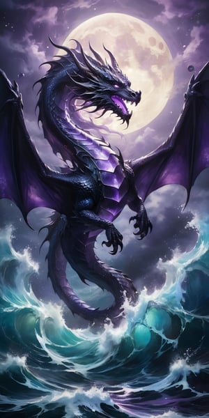 A dragon with shimmering amethyst scales gliding over a dark, turbulent sea. The moonlight catches on its scales, creating a dazzling display, while the turbulent waves and its fierce expression underscore its dangerous nature.
